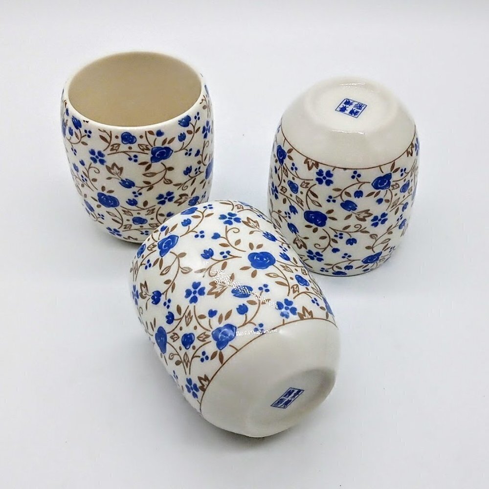 Blue & Tan Floral Ceramic Tea Cups (3)